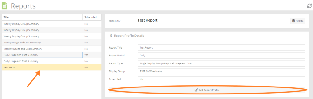 Overview of Report Profile page with instructions on how to delete a profile from your Eyedro account